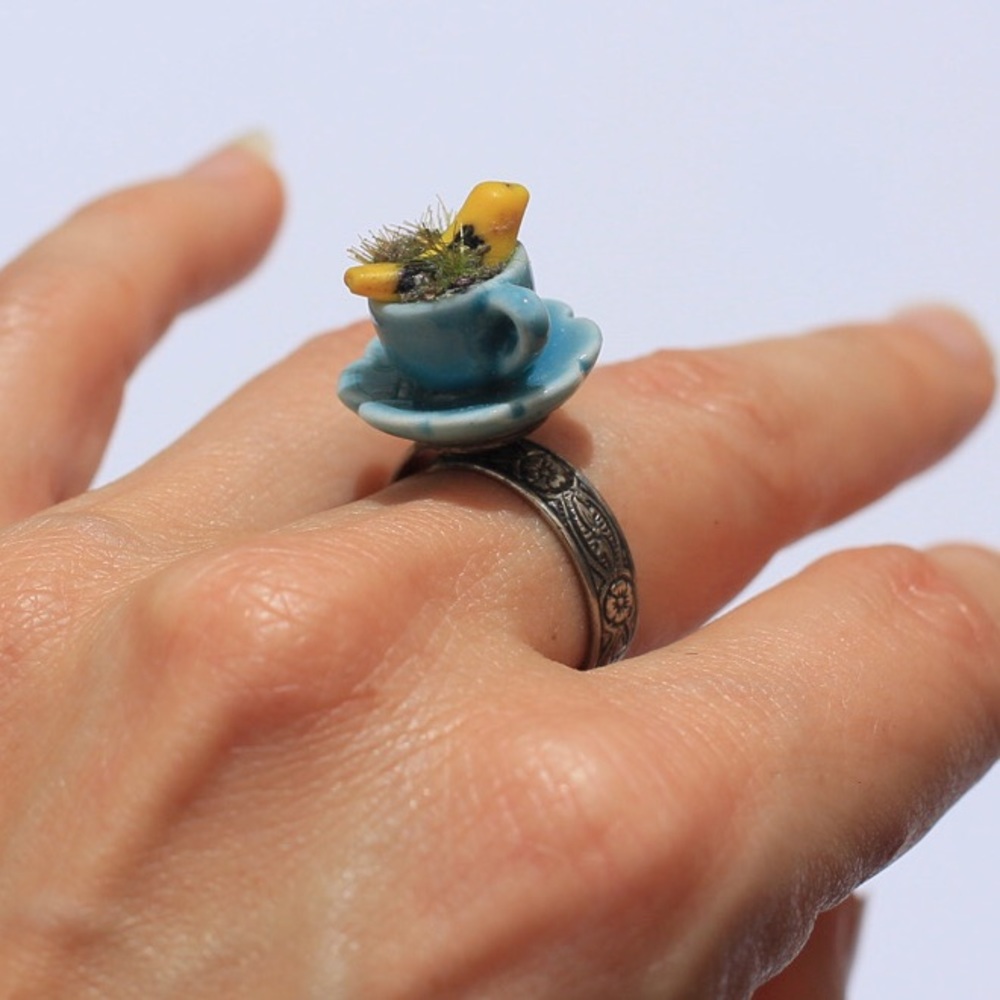 Vintage Victorian Bird in a teacup ring